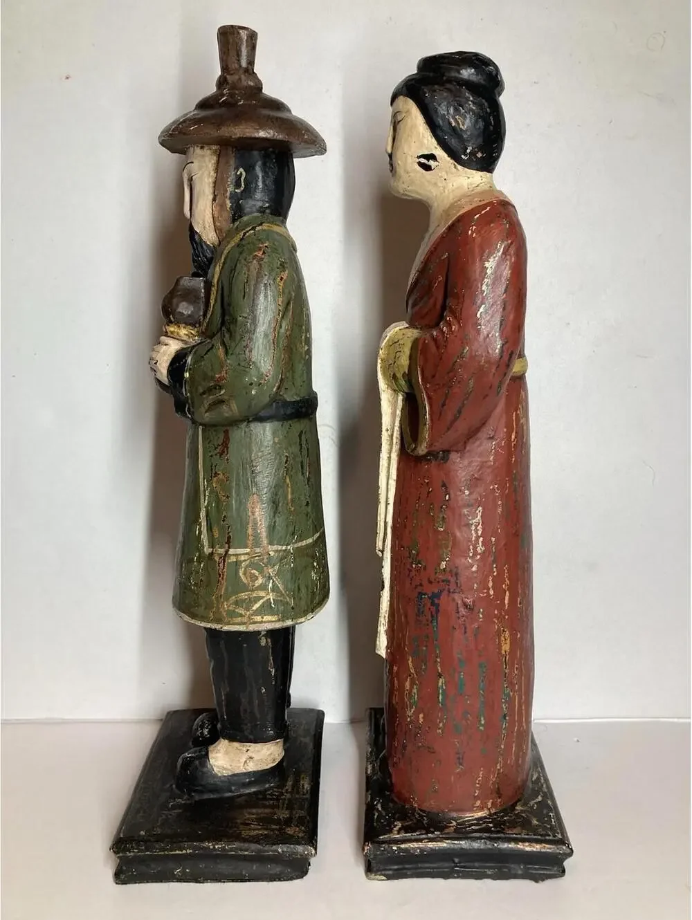 Vintage 1960s Carved Wood Asian Man Woman Painted Figurines Folk Art Philippines